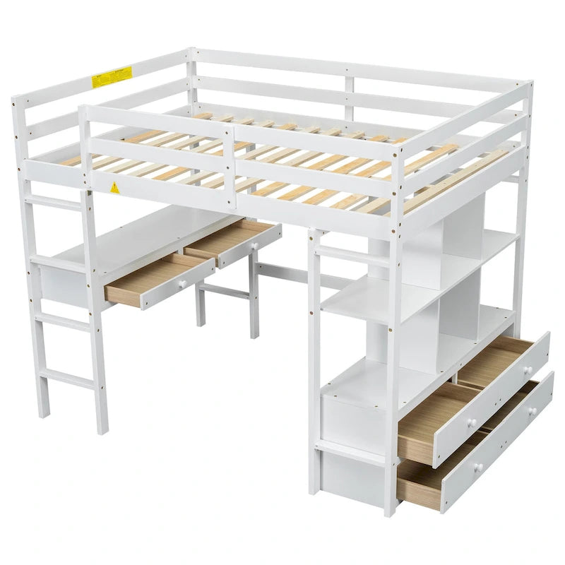 Full Size Loft Bed w/Built-in Desk w/Two Drawers, Storage Shelves