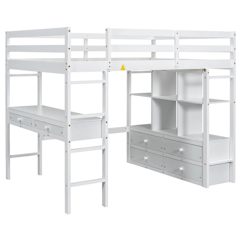 Full Size Loft Bed w/Built-in Desk w/Two Drawers, Storage Shelves