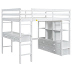 Full Size Loft Bed w/Built-in Desk w/Two Drawers, Storage Shelves