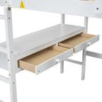 Full Size Loft Bed w/Built-in Desk w/Two Drawers, Storage Shelves