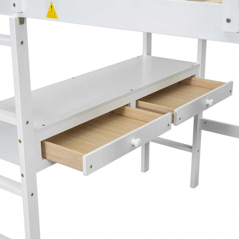 Full Size Loft Bed w/Built-in Desk w/Two Drawers, Storage Shelves