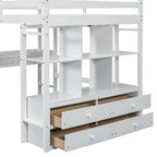 Full Size Loft Bed w/Built-in Desk w/Two Drawers, Storage Shelves