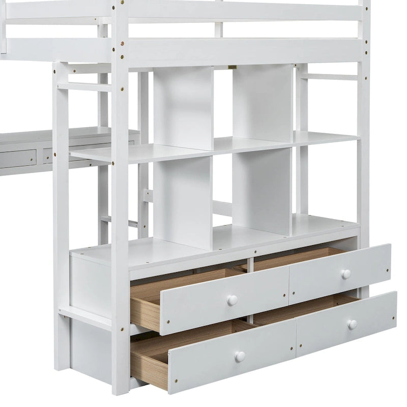 Full Size Loft Bed w/Built-in Desk w/Two Drawers, Storage Shelves