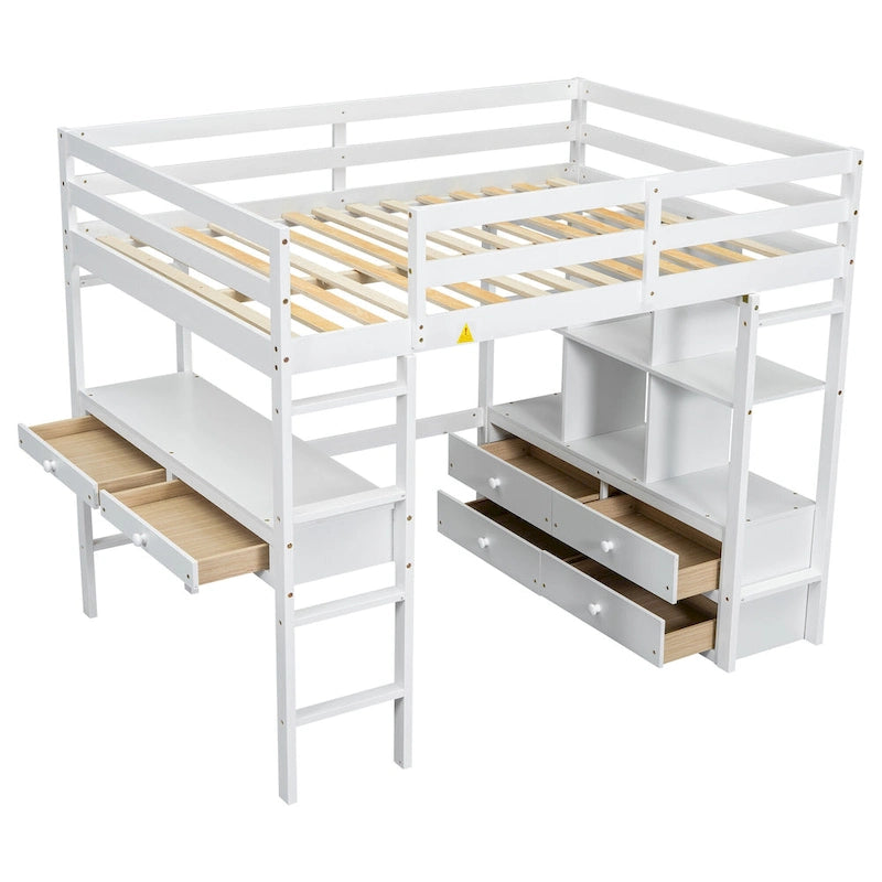 Full Size Loft Bed w/Built-in Desk w/Two Drawers, Storage Shelves