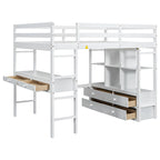 Full Size Loft Bed w/Built-in Desk w/Two Drawers, Storage Shelves