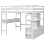 Full Size Loft Bed w/Built-in Desk w/Two Drawers, Storage Shelves