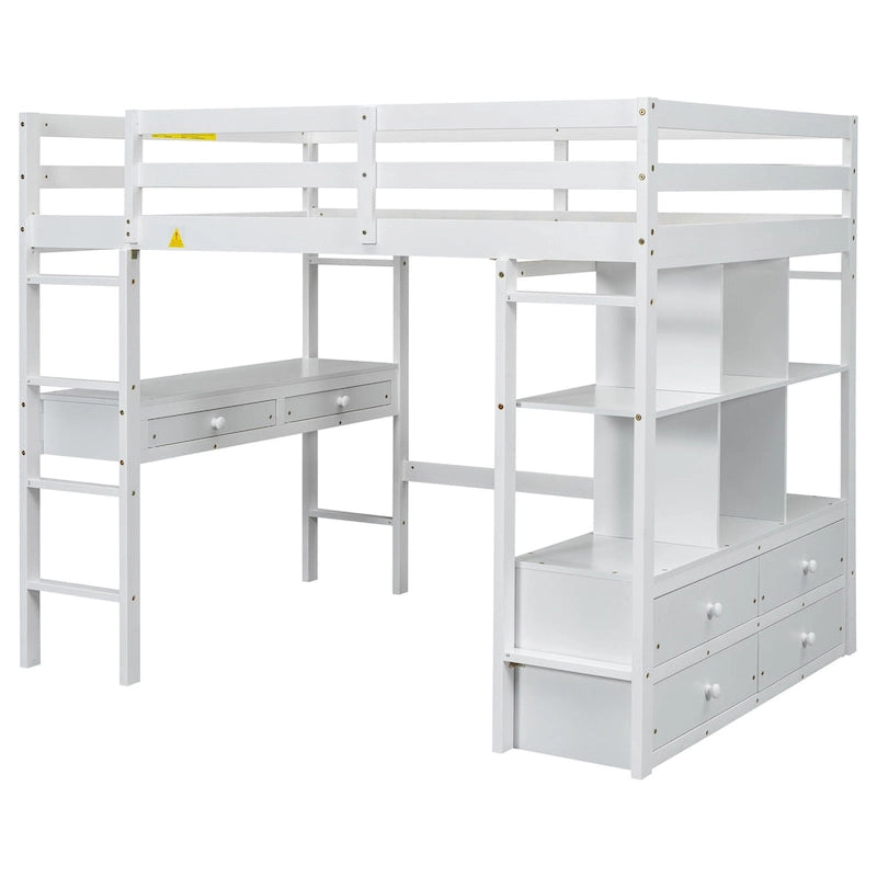 Full Size Loft Bed w/Built-in Desk w/Two Drawers, Storage Shelves