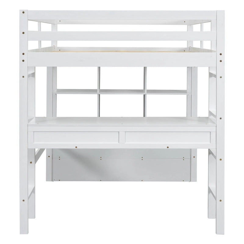 Full Size Loft Bed w/Built-in Desk w/Two Drawers, Storage Shelves