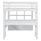 Full Size Loft Bed w/Built-in Desk w/Two Drawers, Storage Shelves