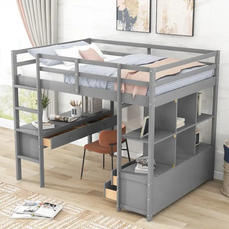 Full Size Loft Bed with Built-in Desk, Two Drawers, Storage Shelves