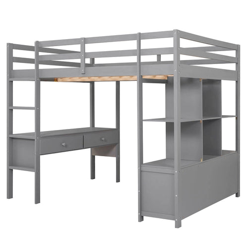 Full Size Loft Bed with Built-in Desk, Two Drawers, Storage Shelves