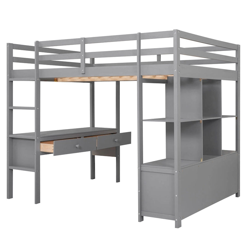 Full Size Loft Bed with Built-in Desk, Two Drawers, Storage Shelves