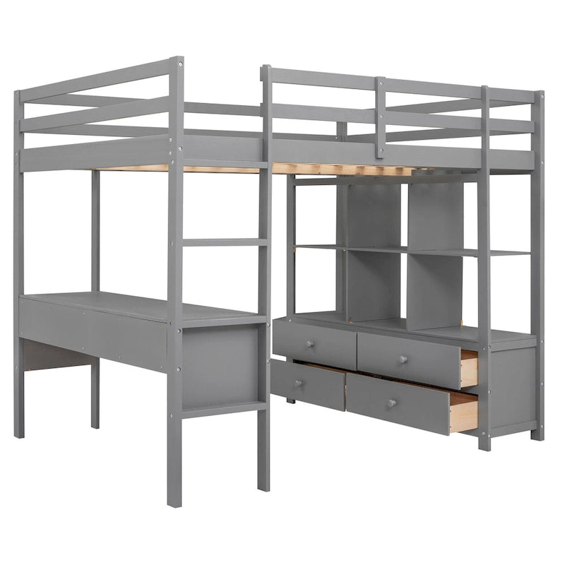 Full Size Loft Bed with Built-in Desk, Two Drawers, Storage Shelves