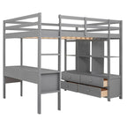 Full Size Loft Bed with Built-in Desk, Two Drawers, Storage Shelves