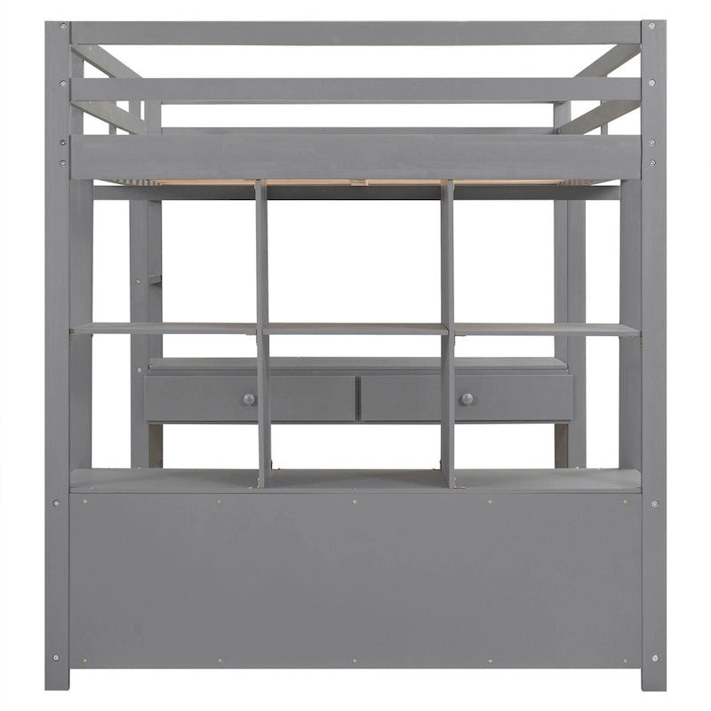 Full Size Loft Bed with Built-in Desk, Two Drawers, Storage Shelves