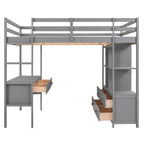 Full Size Loft Bed with Built-in Desk, Two Drawers, Storage Shelves