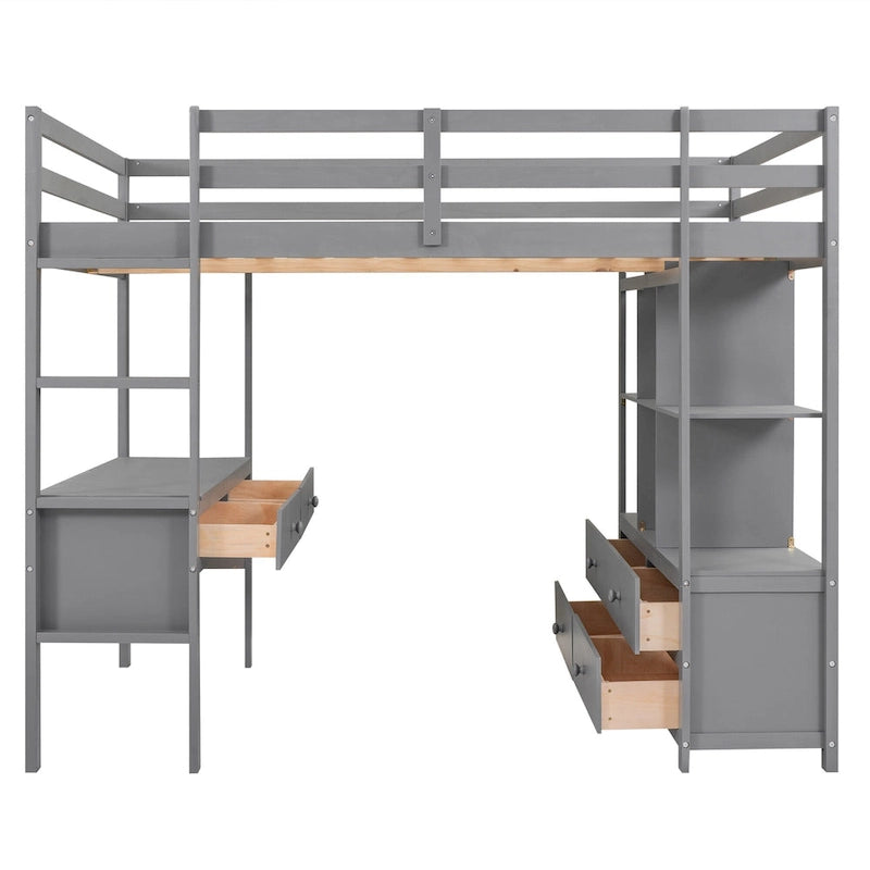 Full Size Loft Bed with Built-in Desk, Two Drawers, Storage Shelves