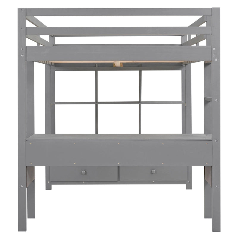 Full Size Loft Bed with Built-in Desk, Two Drawers, Storage Shelves