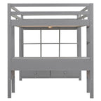 Full Size Loft Bed with Built-in Desk, Two Drawers, Storage Shelves