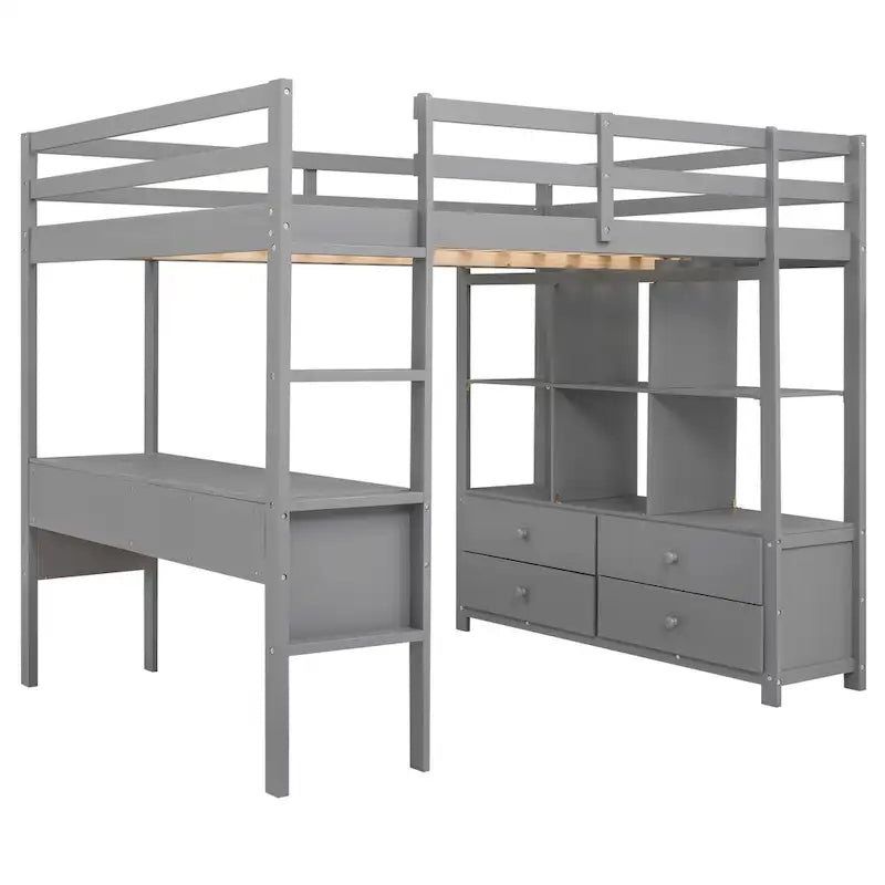 Full Size Loft Bed with Built-in Desk, Two Drawers, Storage Shelves
