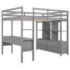Full Size Loft Bed with Built-in Desk, Two Drawers, Storage Shelves