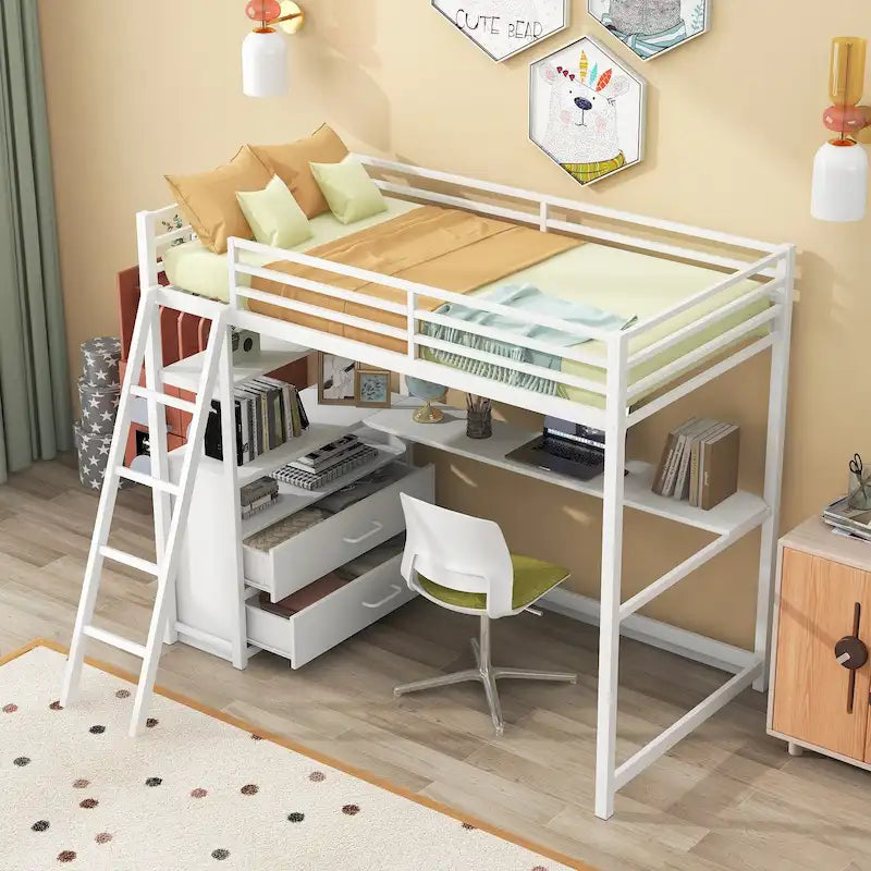 Twin Size Metal Loft Bed with Desk and Shelves, Loft Bed Frame with Ladders, Two Built-in Storage Drawers, No Box Spring Needed