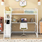 Twin Size Metal Loft Bed with Desk and Shelves, Loft Bed Frame with Ladders, Two Built-in Storage Drawers, No Box Spring Needed
