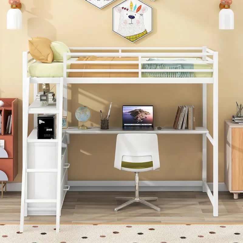 Twin Size Metal Loft Bed with Desk and Shelves, Loft Bed Frame with Ladders, Two Built-in Storage Drawers, No Box Spring Needed