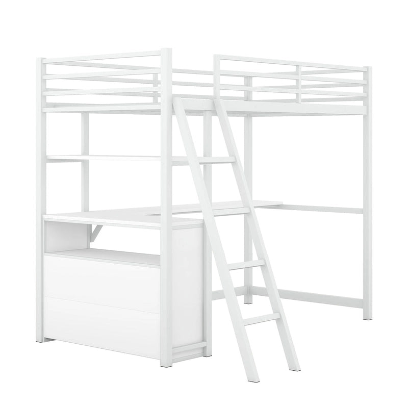 Twin Size Metal Loft Bed with Desk and Shelves, Loft Bed Frame with Ladders, Two Built-in Storage Drawers, No Box Spring Needed