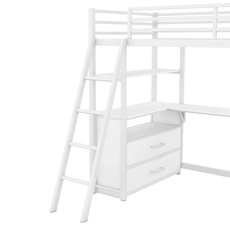 Twin Size Metal Loft Bed with Desk and Shelves, Loft Bed Frame with Ladders, Two Built-in Storage Drawers, No Box Spring Needed