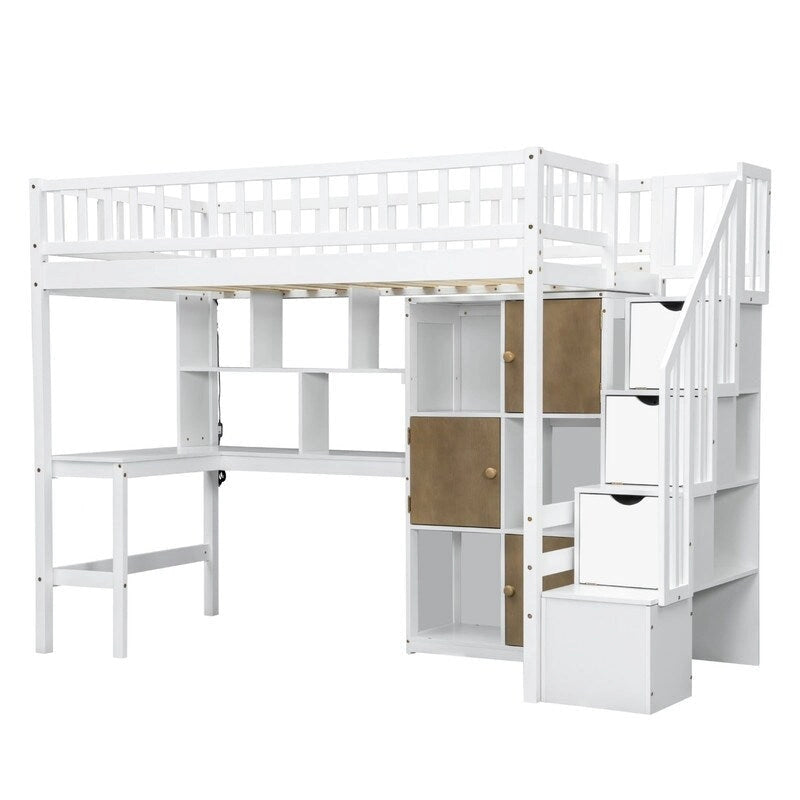 Twin Size Wood Loft Bed with Built-in Desk, LED, Shelves, Cabinets and Staircase