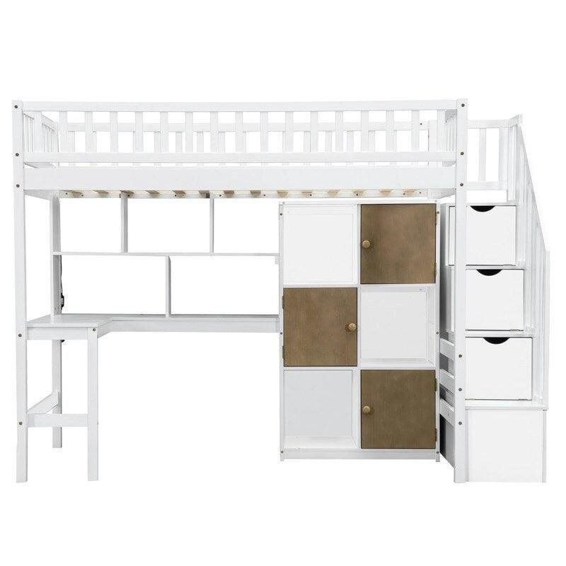 Twin Size Wood Loft Bed with Built-in Desk, LED, Shelves, Cabinets and Staircase