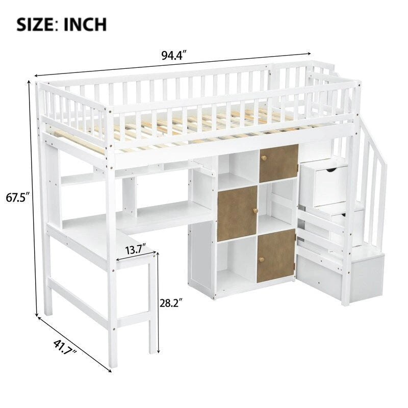 Twin Size Wood Loft Bed with Built-in Desk, LED, Shelves, Cabinets and Staircase