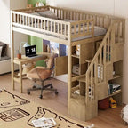 Twin Size Wood Loft Bed with Built-in Desk, LED, Shelves, Cabinets and Staircase