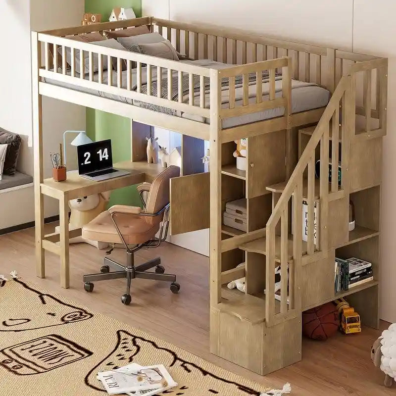 Twin Size Wood Loft Bed with Built-in Desk, LED, Shelves, Cabinets and Staircase
