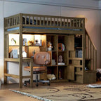 Twin Size Wood Loft Bed with Built-in Desk, LED, Shelves, Cabinets and Staircase
