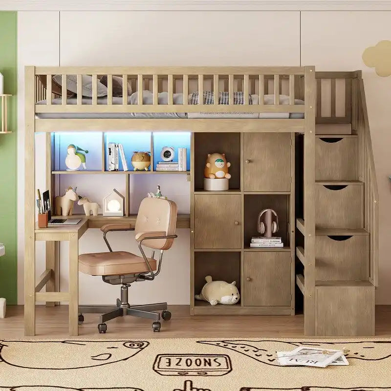 Twin Size Wood Loft Bed with Built-in Desk, LED, Shelves, Cabinets and Staircase