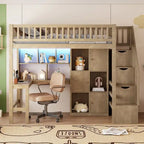 Twin Size Wood Loft Bed with Built-in Desk, LED, Shelves, Cabinets and Staircase