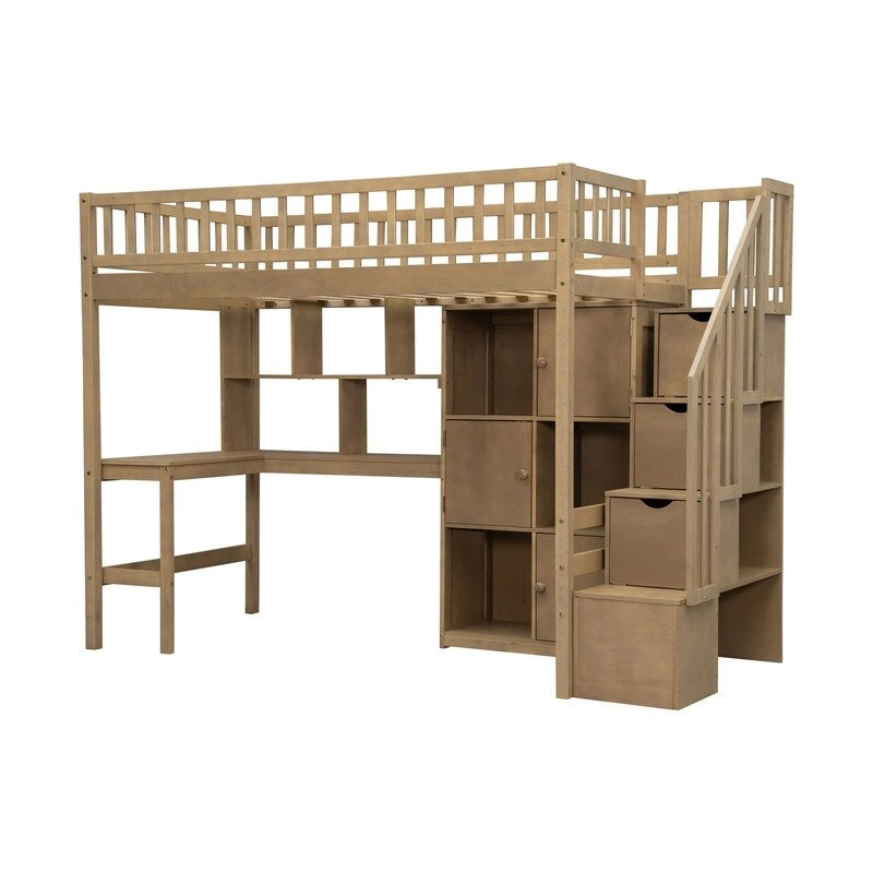 Twin Size Wood Loft Bed with Built-in Desk, LED, Shelves, Cabinets and Staircase