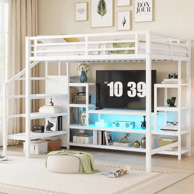 Full Size Metal Loft Bed with TV Cabinet, Staircase and Wardrobe