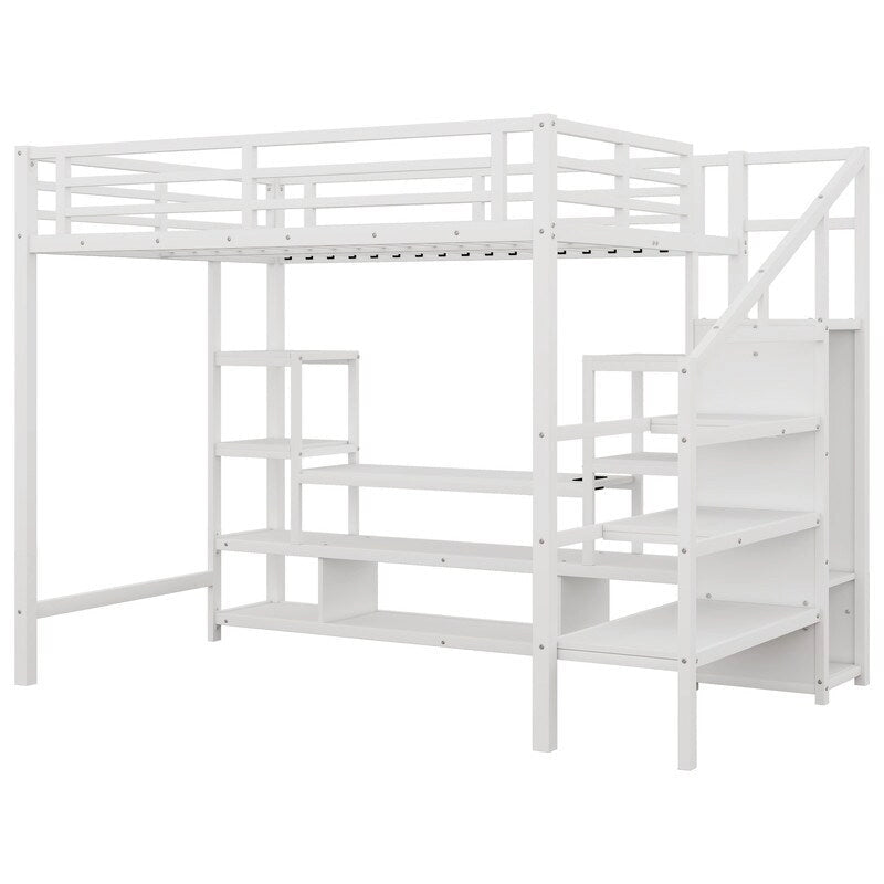 Full Size Metal Loft Bed with TV Cabinet, Staircase and Wardrobe