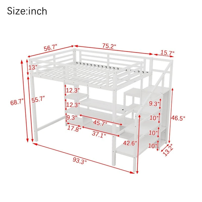Full Size Metal Loft Bed with TV Cabinet, Staircase and Wardrobe