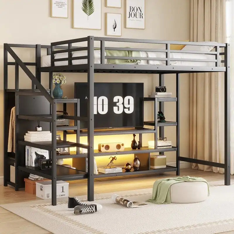 Full Size Metal Loft Bed with TV Cabinet, Staircase and Wardrobe