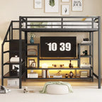 Full Size Metal Loft Bed with TV Cabinet, Staircase and Wardrobe