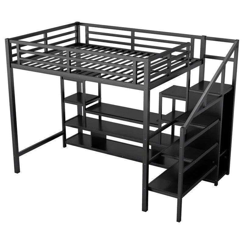 Full Size Metal Loft Bed with TV Cabinet, Staircase and Wardrobe