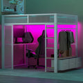 Full Size Metal Gaming Loft Bed with LED, Desk, Open Wardrobe and 3 Linen Storage Drawers, No Box Spring Needed for Kids, Teens