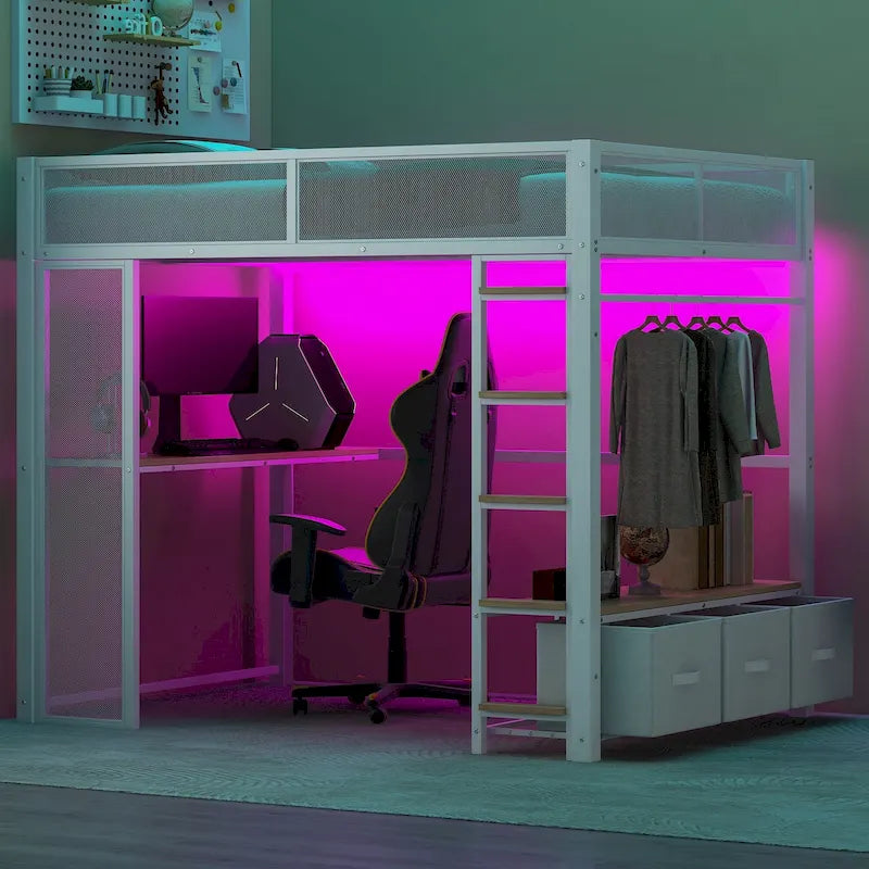 Full Size Metal Gaming Loft Bed with LED, Desk, Open Wardrobe and 3 Linen Storage Drawers, No Box Spring Needed for Kids, Teens