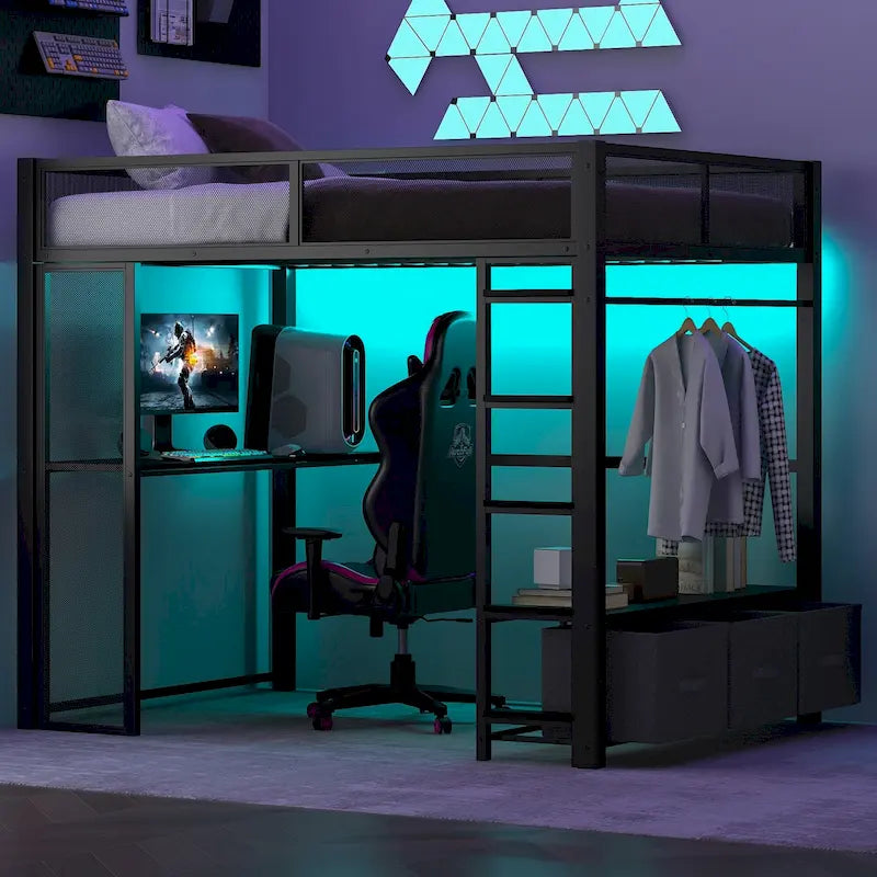 Full Size Metal Gaming Loft Bed with LED, Desk, Open Wardrobe and 3 Linen Storage Drawers, No Box Spring Needed for Kids, Teens
