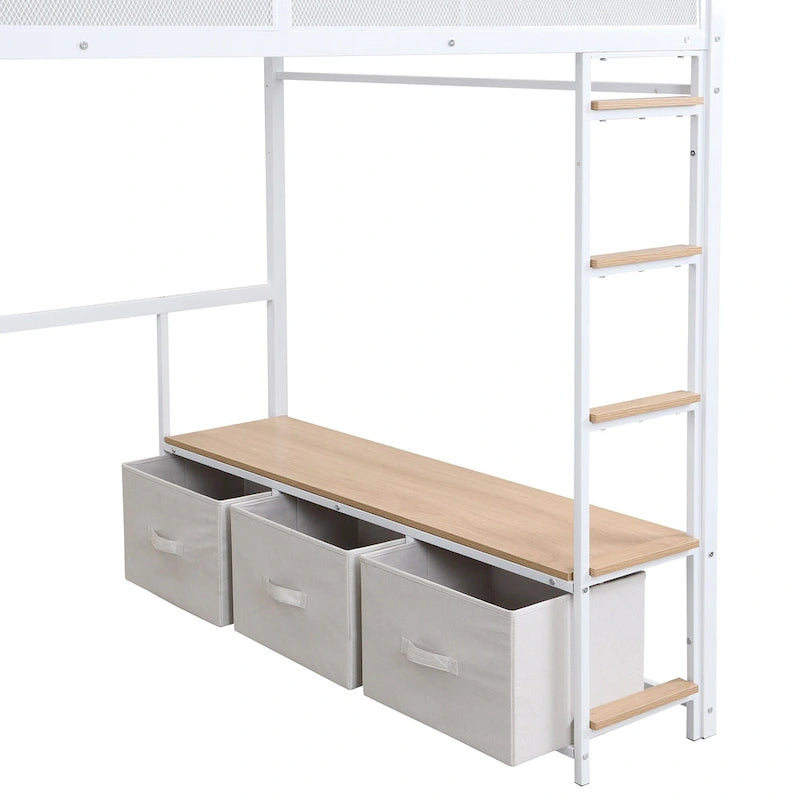 Full Size Metal Gaming Loft Bed with LED, Desk, Open Wardrobe and 3 Linen Storage Drawers, No Box Spring Needed for Kids, Teens