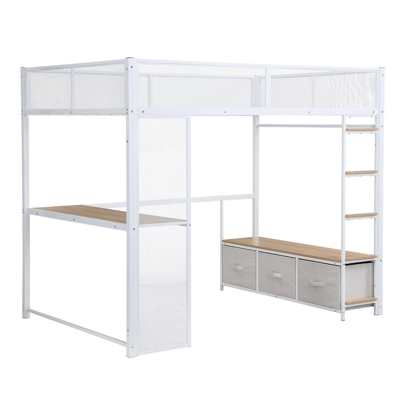 Full Size Metal Gaming Loft Bed with LED, Desk, Open Wardrobe and 3 Linen Storage Drawers, No Box Spring Needed for Kids, Teens
